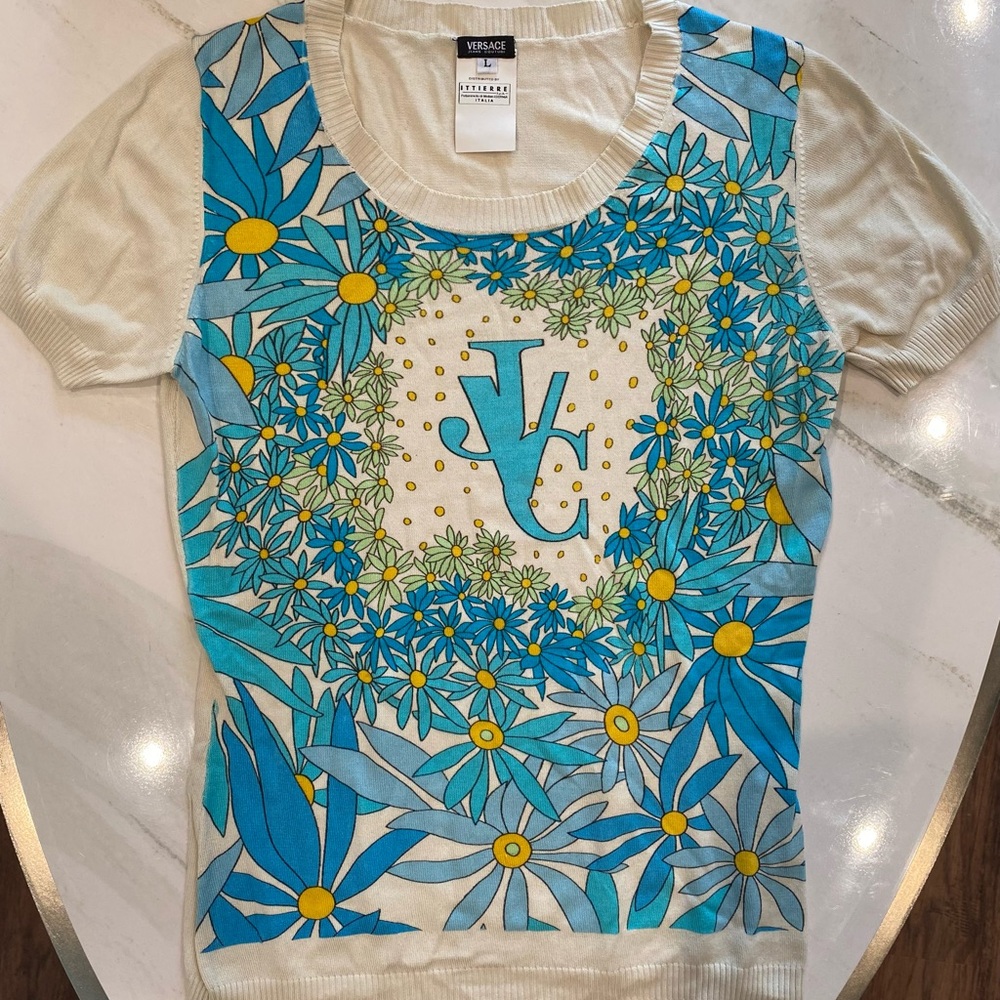 Versace Floral Cream and Blue Top